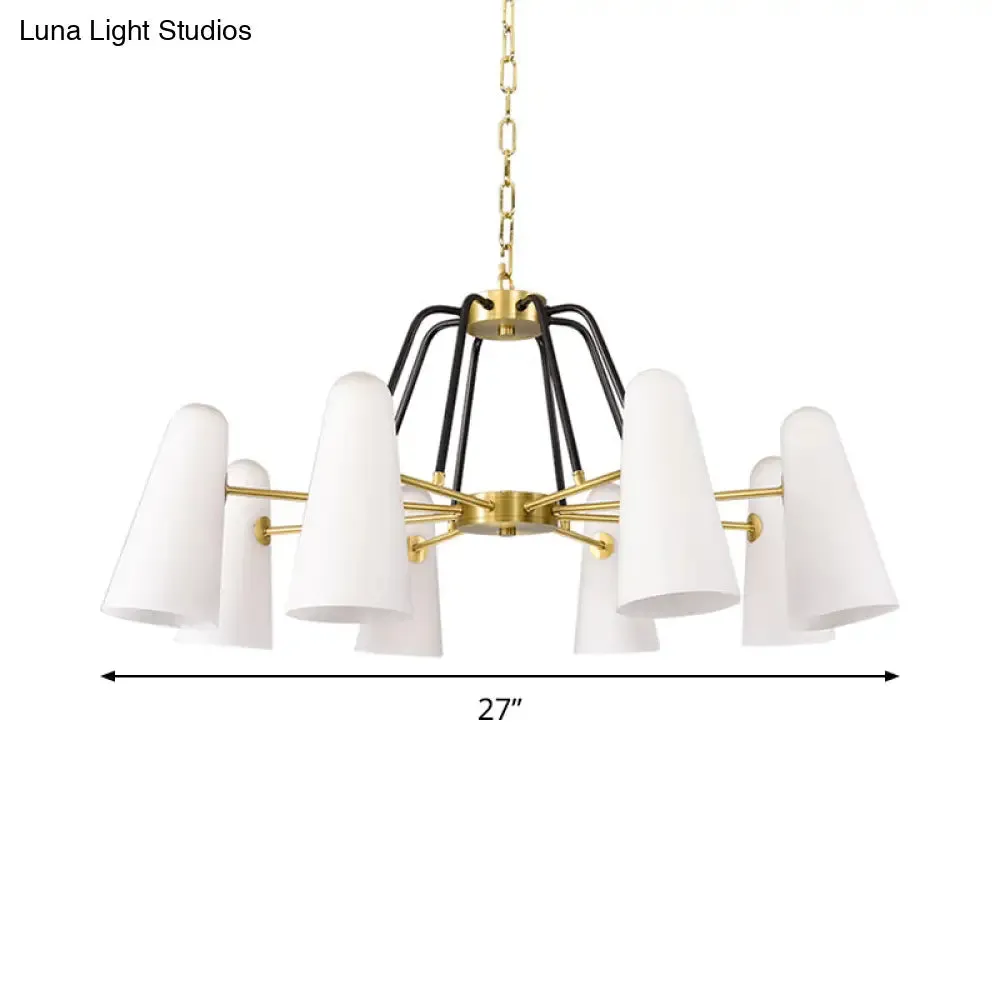 Opal Glass Hanging Lamp: Postmodern Cone Design, 6 Lights, Gold Chandelier