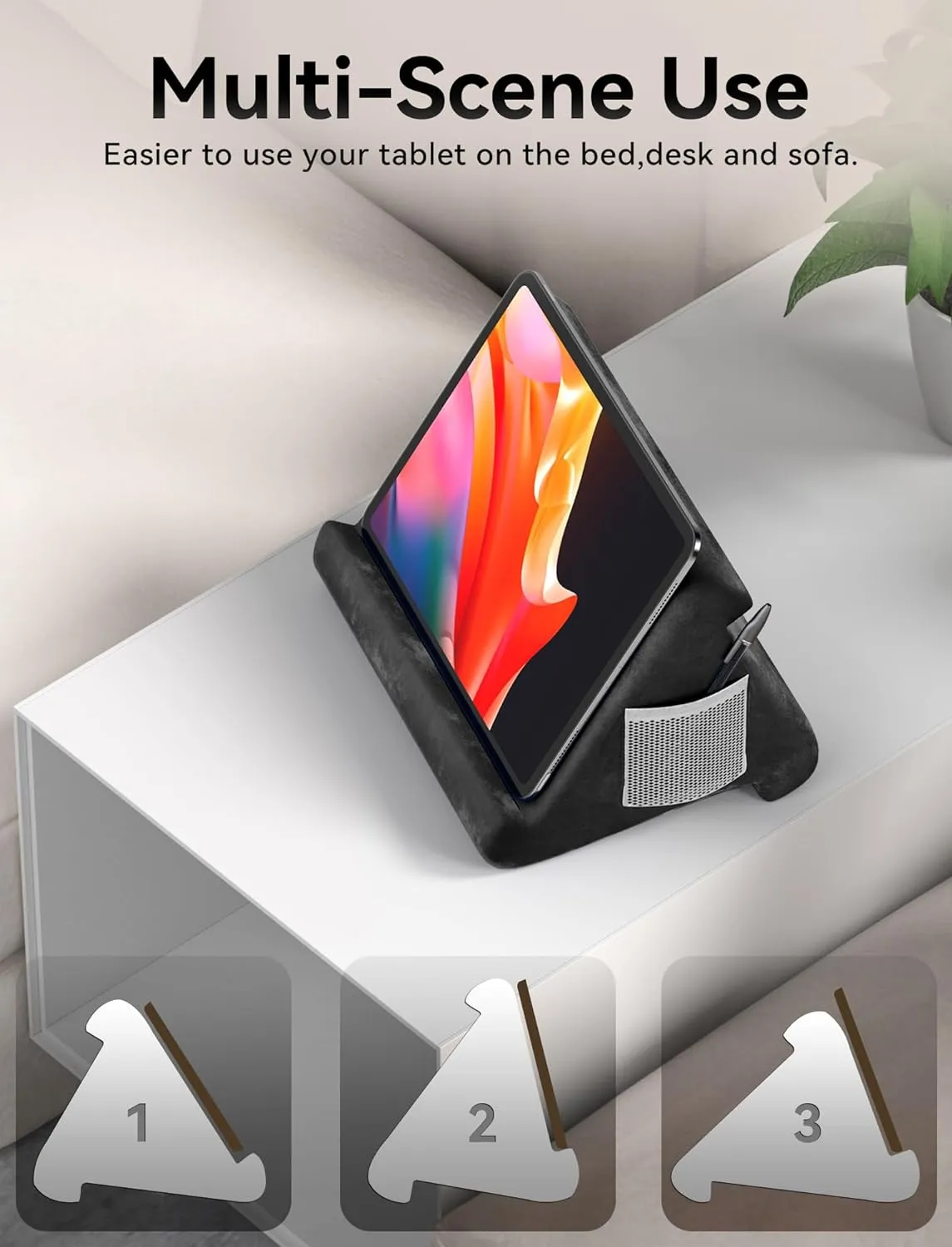 Pad Tablet Pillow, Tablet Pillow Stand for Pad Multi-Angle Portable Lap Pillow for Home, Work & Travel（Black）