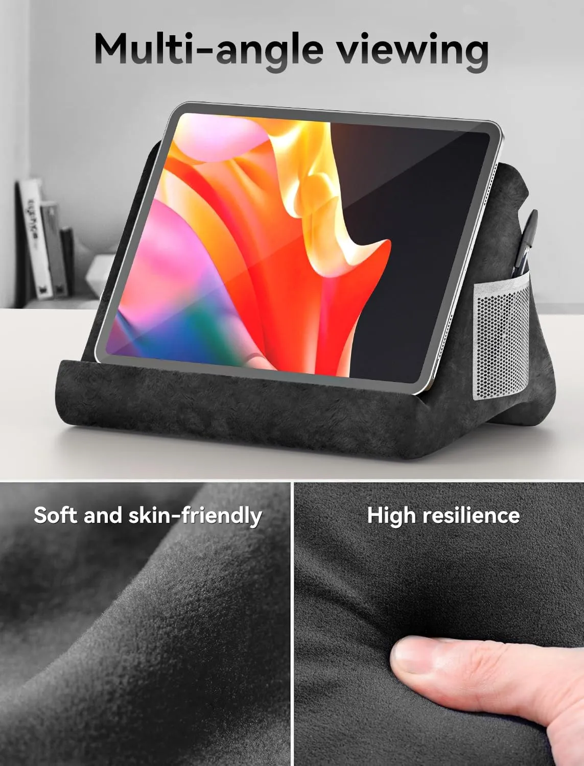 Pad Tablet Pillow, Tablet Pillow Stand for Pad Multi-Angle Portable Lap Pillow for Home, Work & Travel（Black）