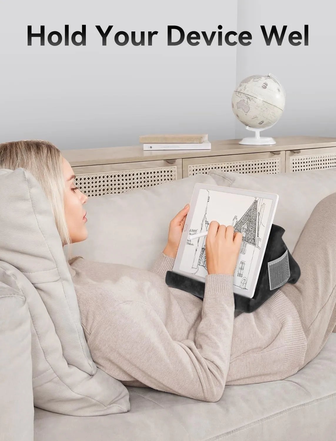 Pad Tablet Pillow, Tablet Pillow Stand for Pad Multi-Angle Portable Lap Pillow for Home, Work & Travel（Black）