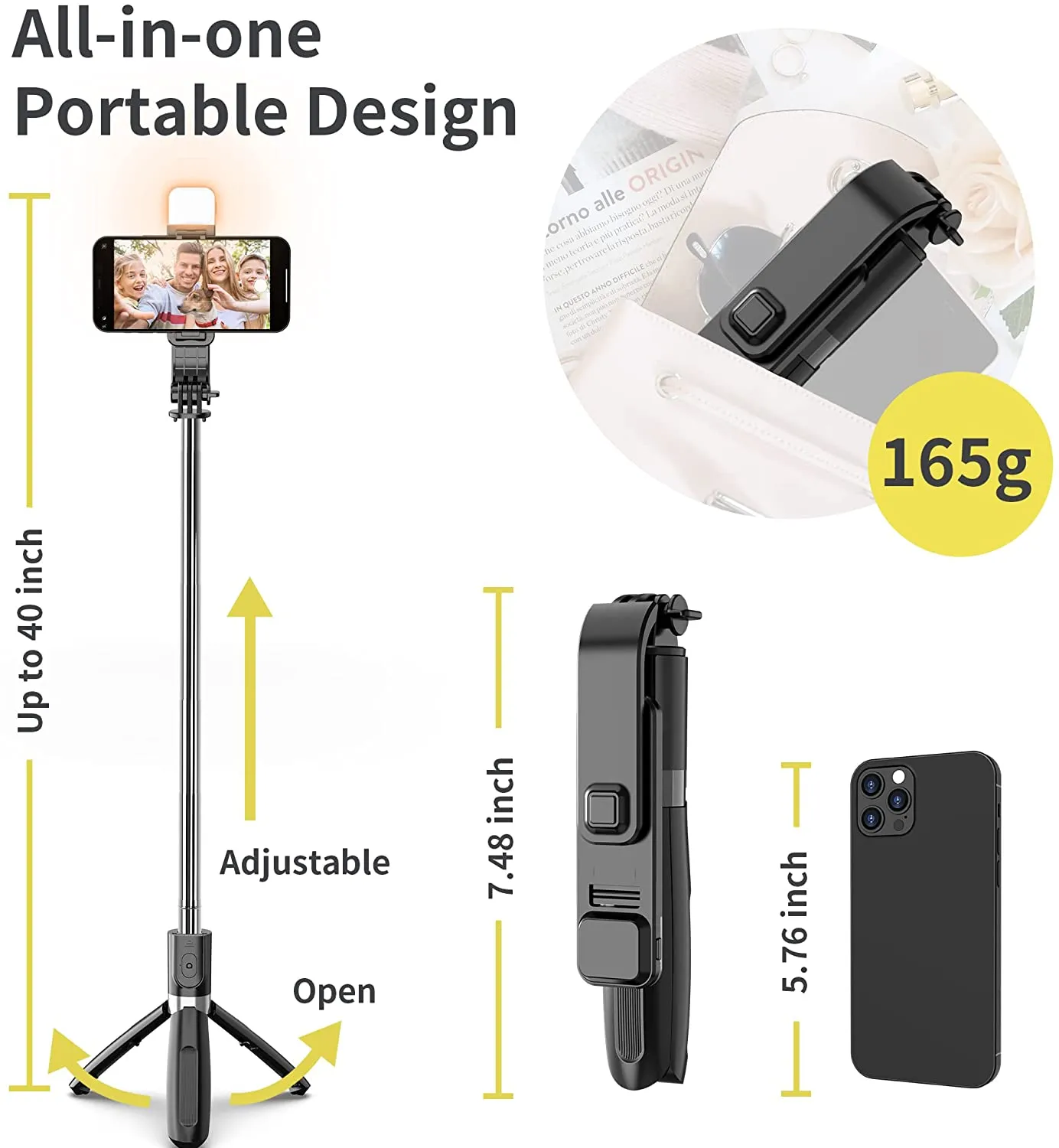 Portable Selfie Stick with LED Ring Light, Remote Compatible with iPhone and Android  for iPhone and Android