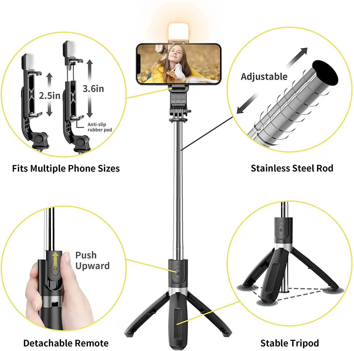 Portable Selfie Stick with LED Ring Light, Remote Compatible with iPhone and Android  for iPhone and Android