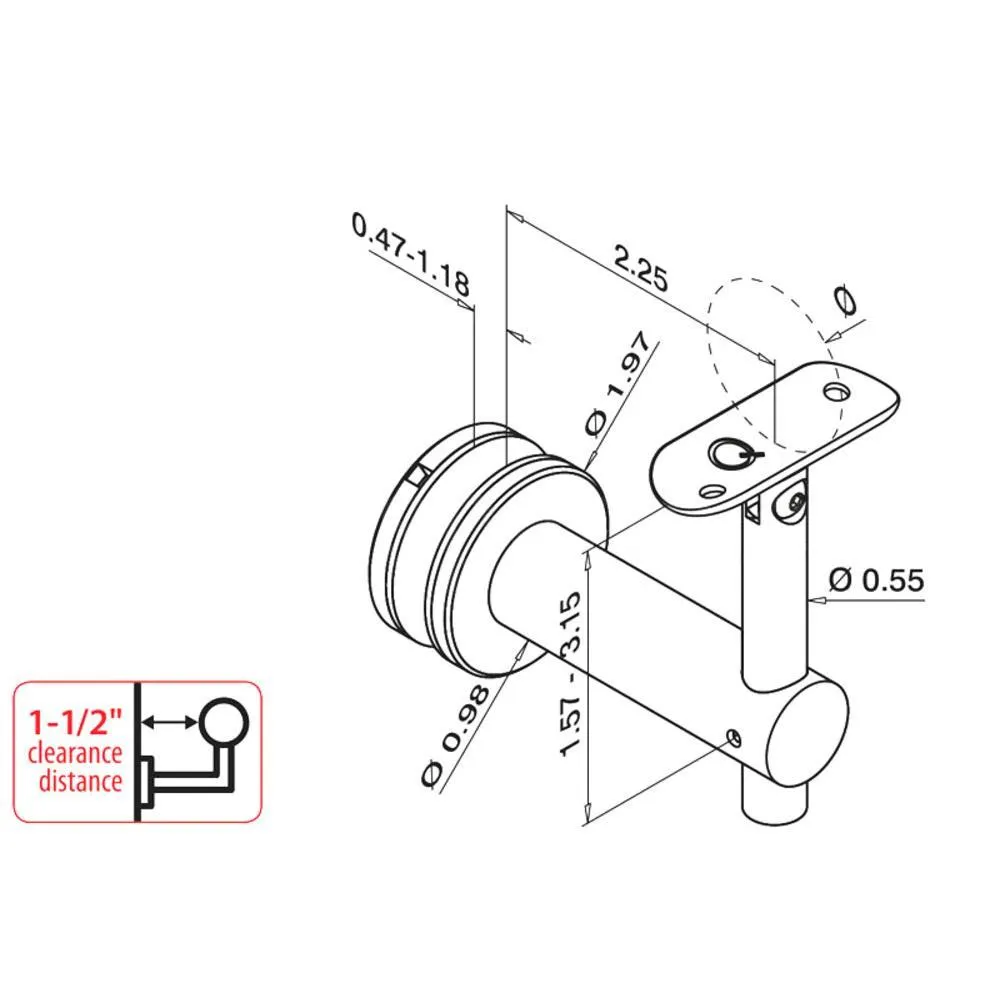 Q-Railing Bracket For Round Profile Handrail (Round Profile, Height Adjustable, Glass Mount, 1-1/2'' clearance distance) (1-1/2'' Diameter)