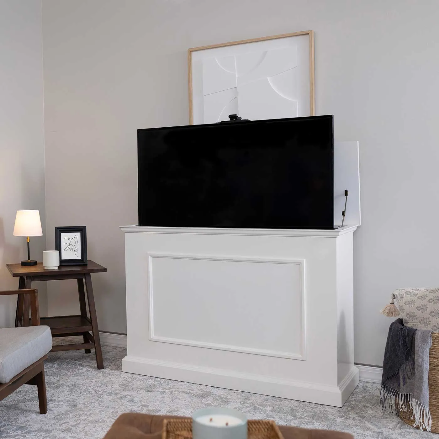 The Elevate 72015 White Smart TV Lift Cabinet for 50 Inch Flat screen TVs
