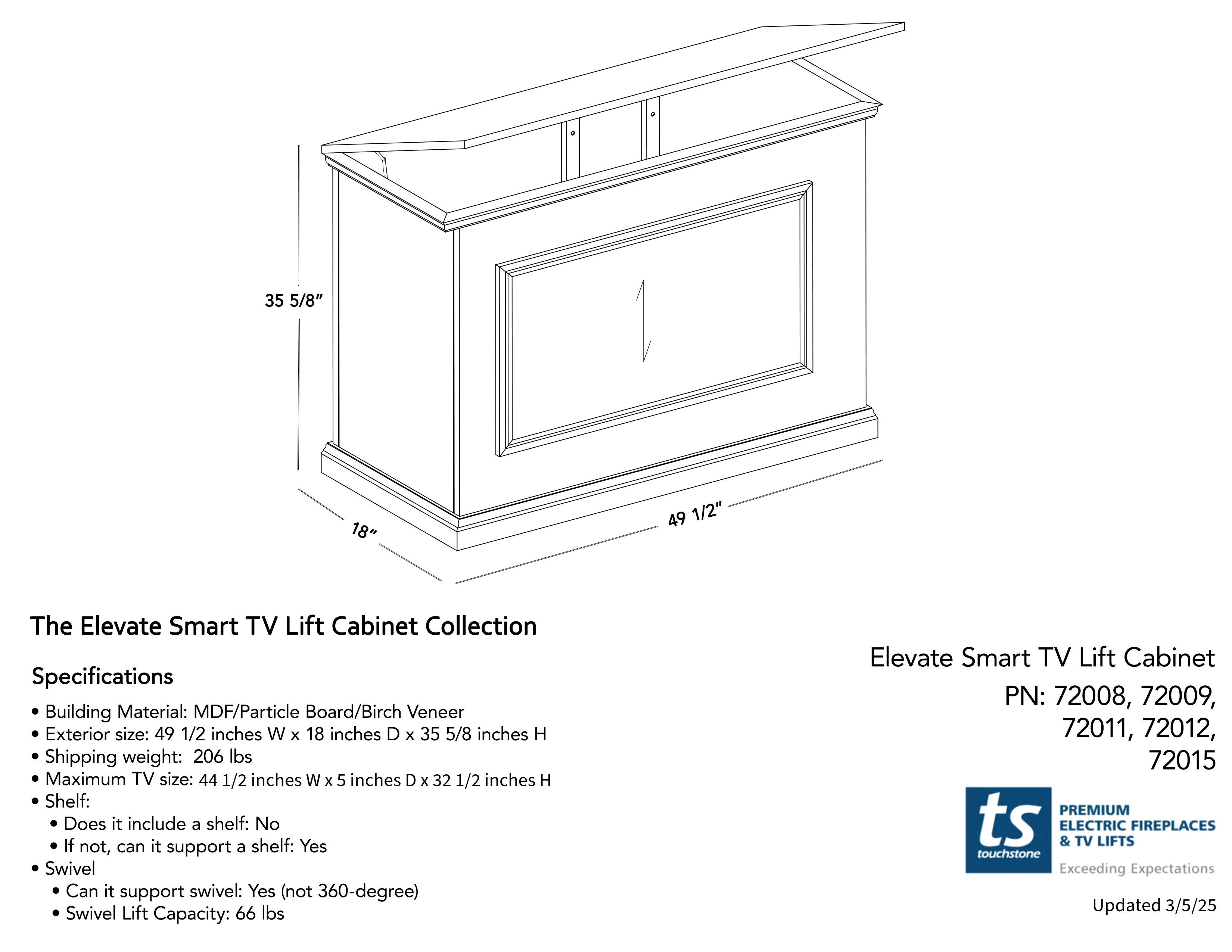 The Elevate 72015 White Smart TV Lift Cabinet for 50 Inch Flat screen TVs