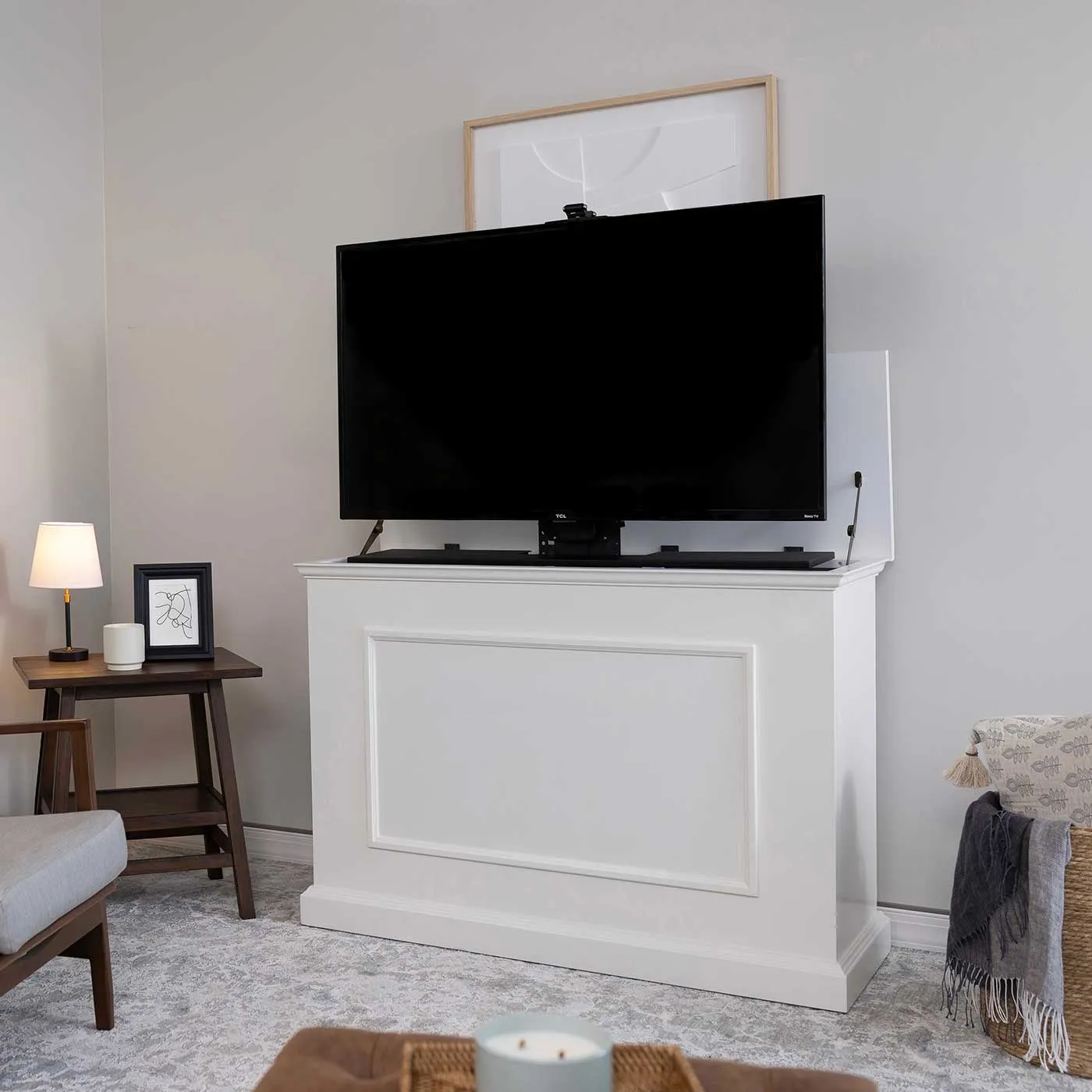The Elevate 72015 White Smart TV Lift Cabinet for 50 Inch Flat screen TVs