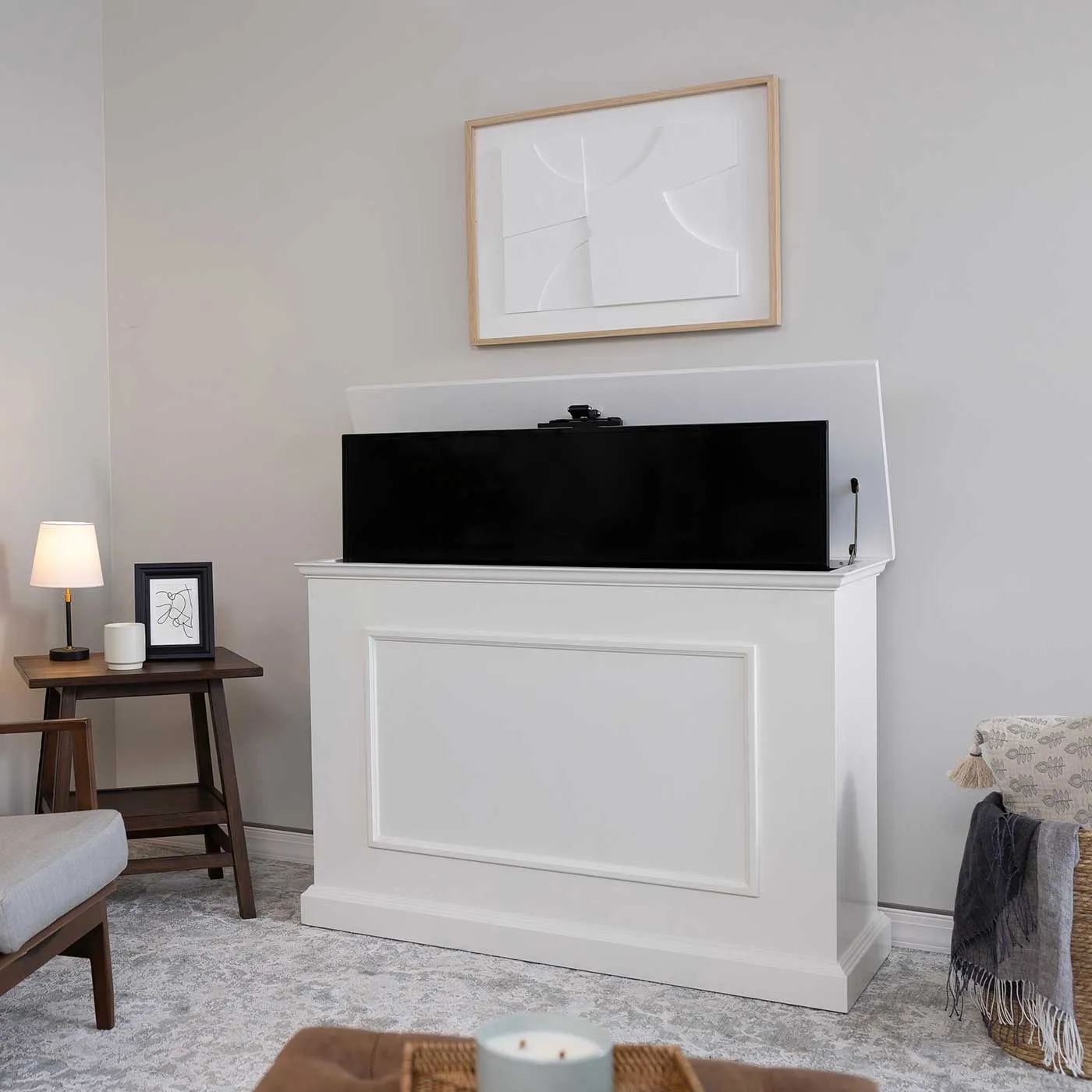 The Elevate 72015 White Smart TV Lift Cabinet for 50 Inch Flat screen TVs