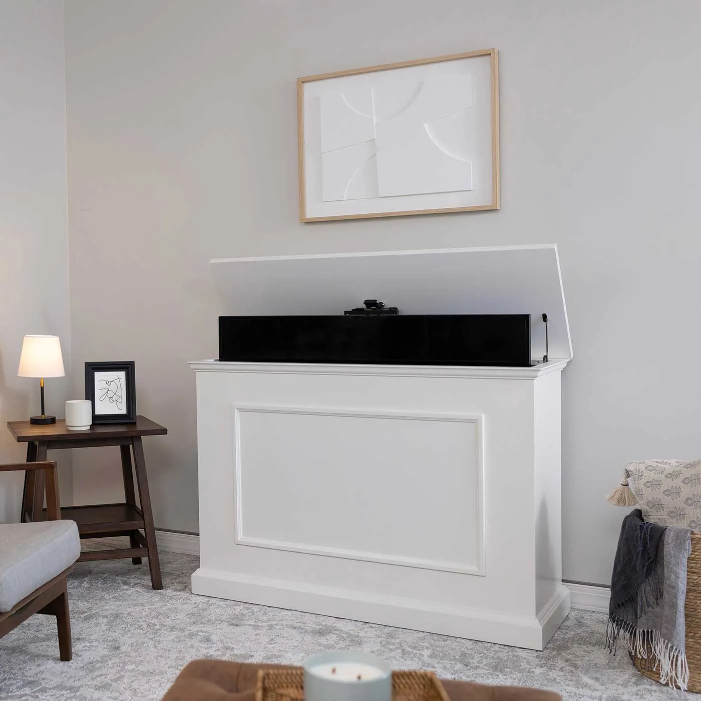 The Elevate 72015 White Smart TV Lift Cabinet for 50 Inch Flat screen TVs