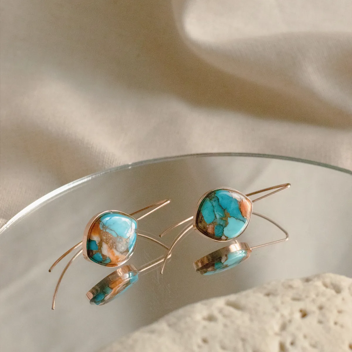 Turquoise Oyster Copper Stone Earrings (Curved)
