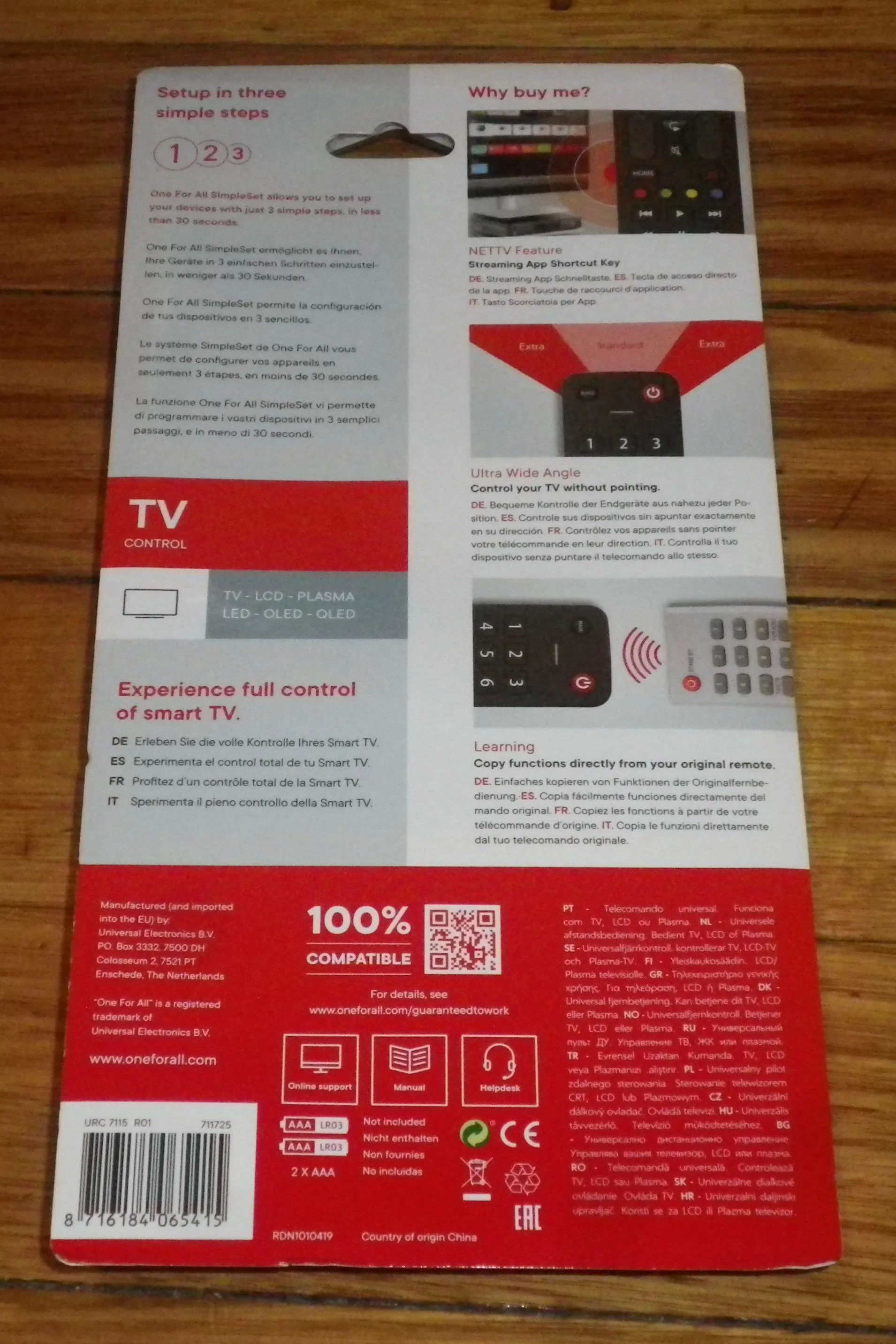 Universal Digital & Smart TV Programmable Remote Control - Part # URC7115