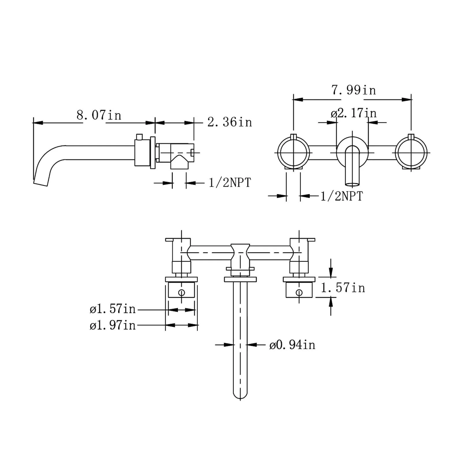 Wall Mount 2 Handle 3 Hole Bathroom Sink Faucet RB04YB
