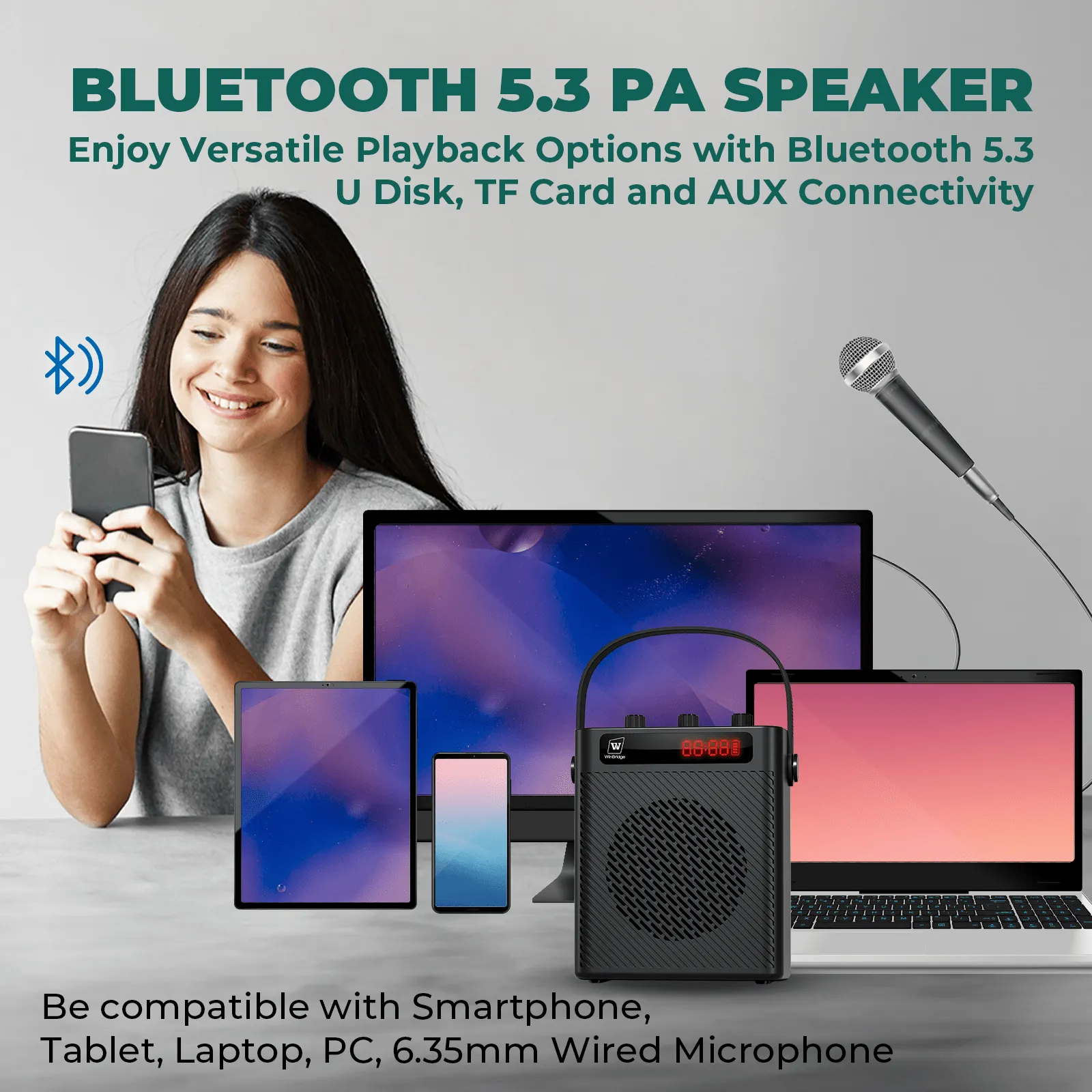 WinBridge S93 Voice Amplifier Wireless Microphone 30W Portable Lightweight Bluetooth 5.3 Mini Pa System for Teachers, 2900mAh Rechargeable Small Speaker with Headset Mic for Classroom, Speaking