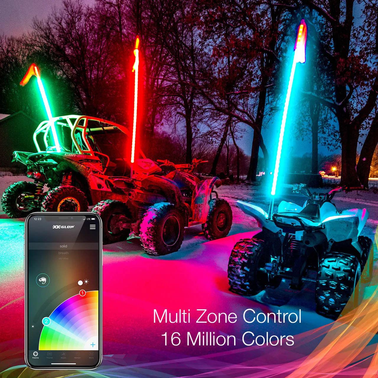XKGlow 2nd Gen XKchrome Advanced App Control LED Whip Light Kit for 4x4 Offroad UTV ATV [w/ Dual-Mode Dash Mount Controller] - 32" or 48"