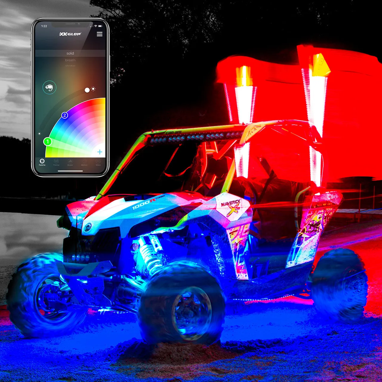 XKGlow 2nd Gen XKchrome Advanced App Control LED Whip Light Kit for 4x4 Offroad UTV ATV [w/ Dual-Mode Dash Mount Controller] - 32" or 48"