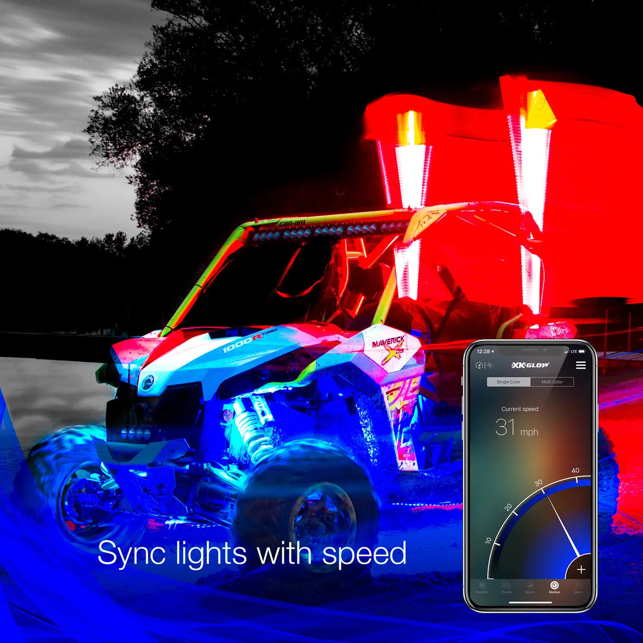 XKGlow 2nd Gen XKchrome Advanced App Control LED Whip Light Kit for 4x4 Offroad UTV ATV [w/ Dual-Mode Dash Mount Controller] - 32" or 48"